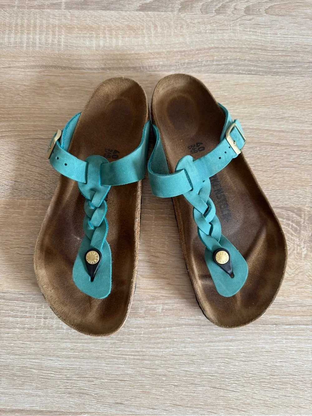 Birkenstock-Gizeh Braided oiled leather sandals in Biscay Bay women’s Sz 40/9